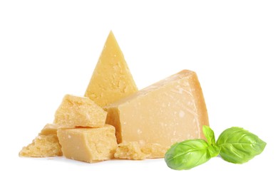 Image of Delicious parmesan cheese and basil on white background