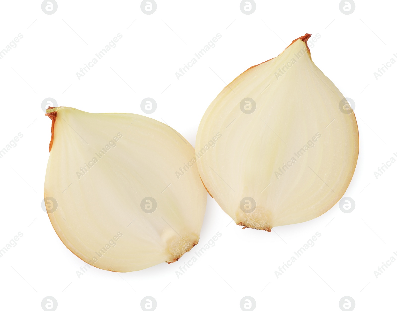 Photo of Pieces of fresh onion on white background, top view