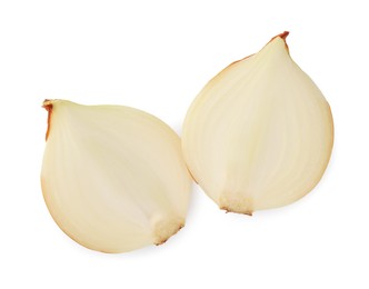 Pieces of fresh onion on white background, top view