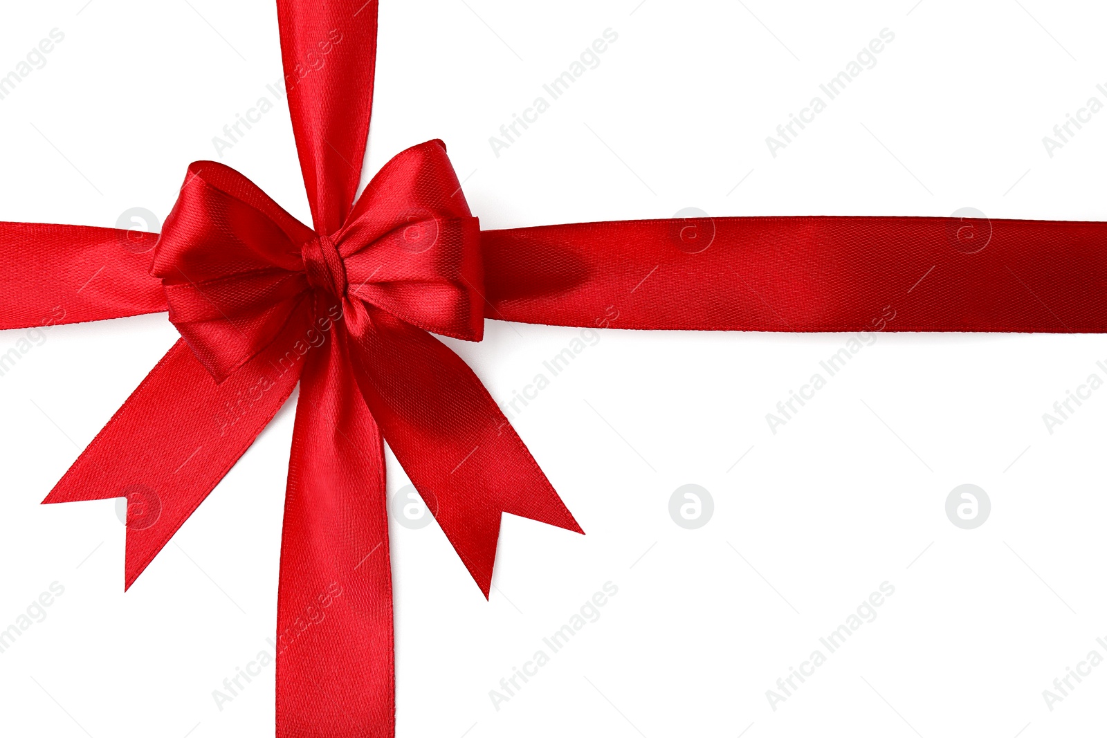 Photo of Red satin ribbon with bow isolated on white, top view