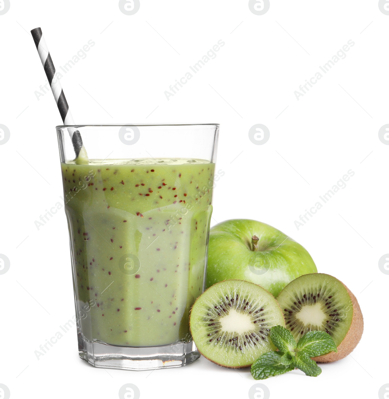 Photo of Delicious kiwi smoothie and fresh fruits on white background