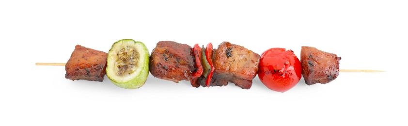 Photo of Delicious shish kebab with vegetables isolated on white, above view
