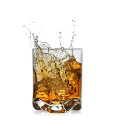 Photo of Whiskey splashing out of glass on white background