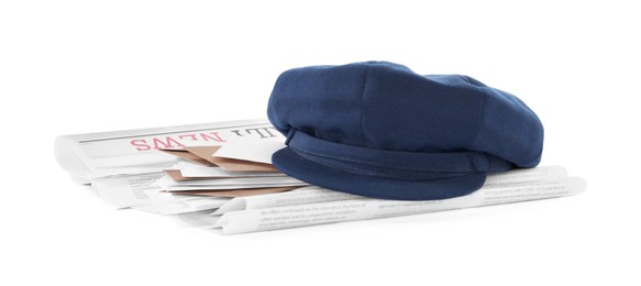 Photo of Postman hat, newspapers and mails on white background