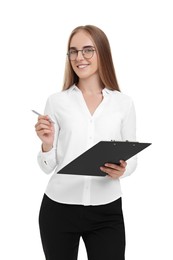 Happy young secretary with clipboard and pen on white background