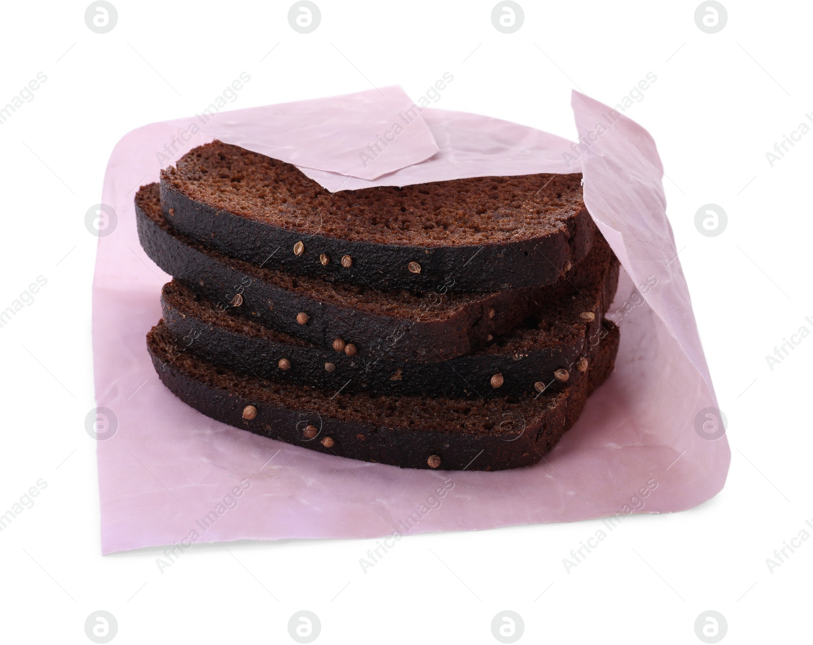 Photo of Bread slices in pink beeswax food wrap on white background