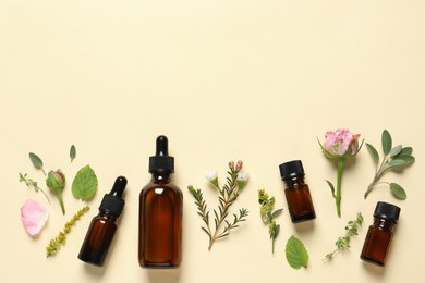 Photo of Bottles of essential oils, different herbs and rose flower on beige background, flat lay. Space for text