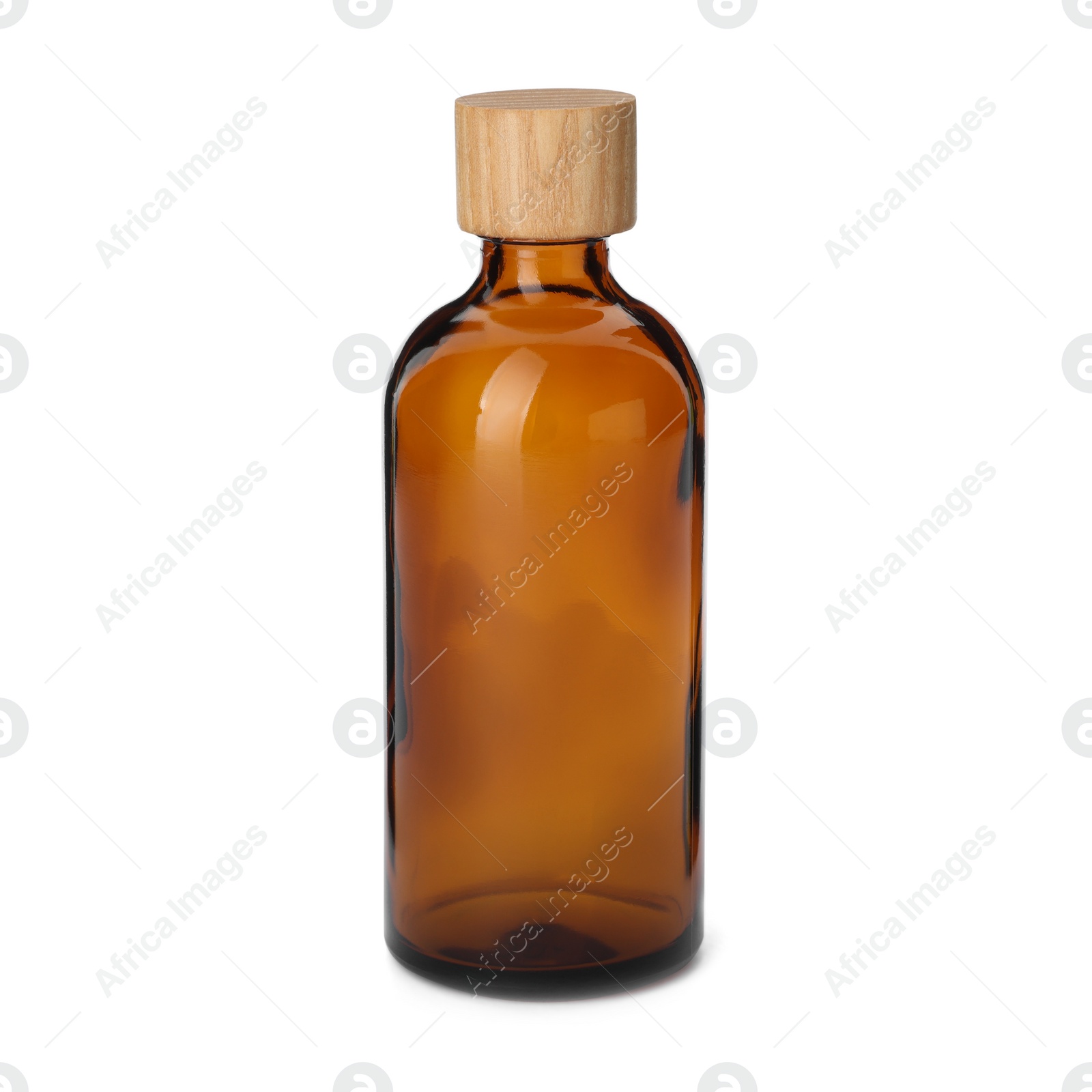Photo of New empty glass bottle with wooden cap isolated on white