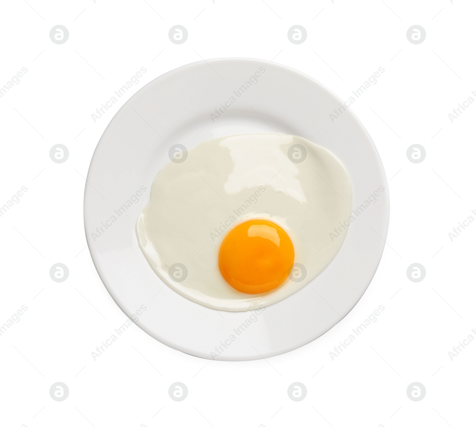 Photo of Plate with tasty fried egg isolated on white, top view