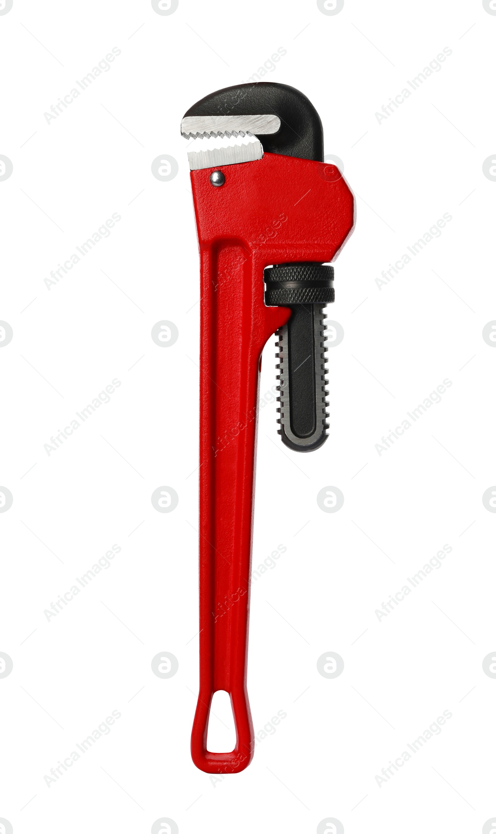 Photo of New pipe wrench on white background. Professional construction tool