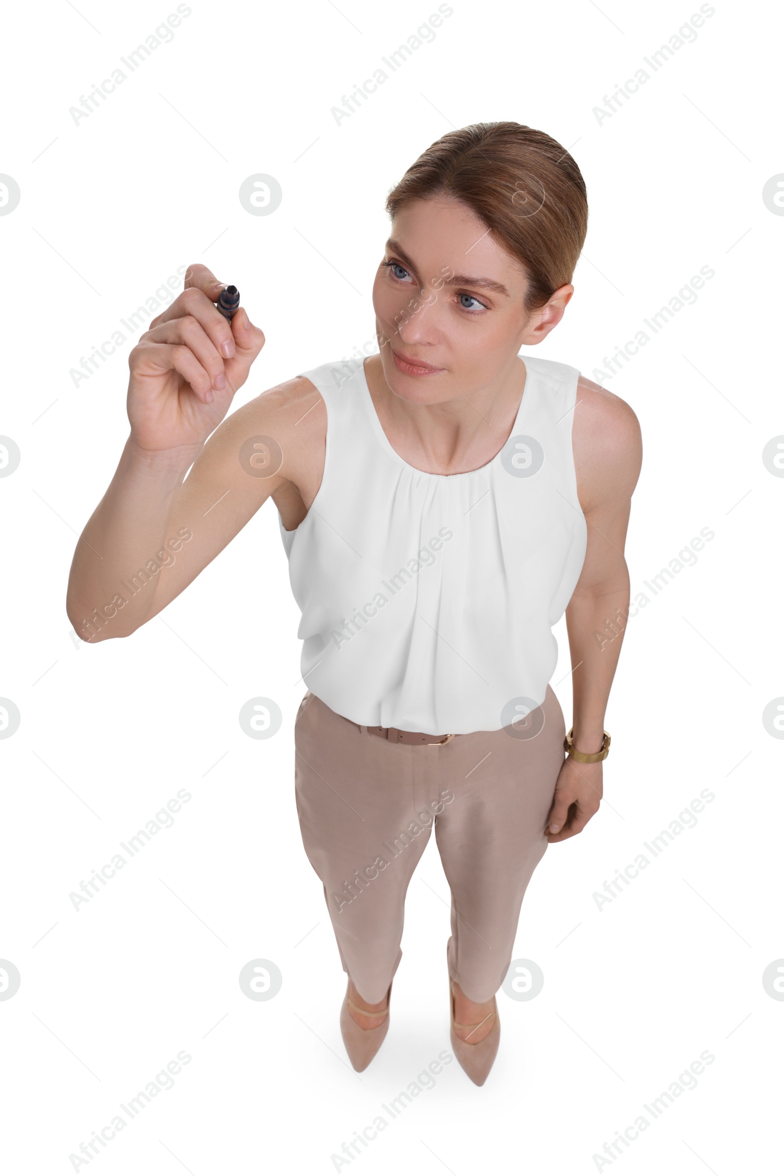 Photo of Beautiful businesswoman with marker on white background, above view