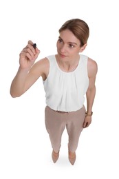 Photo of Beautiful businesswoman with marker on white background, above view