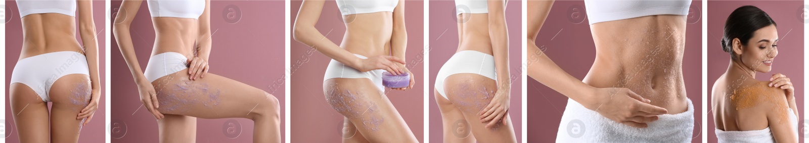 Image of Collage with photos of young women applying body scrubs on pink background, closeup. Banner design