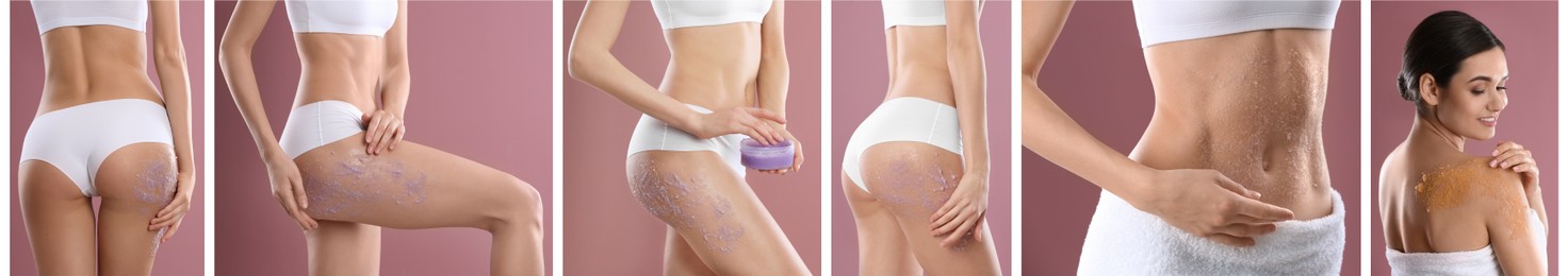 Image of Collage with photos of young women applying body scrubs on pink background, closeup. Banner design