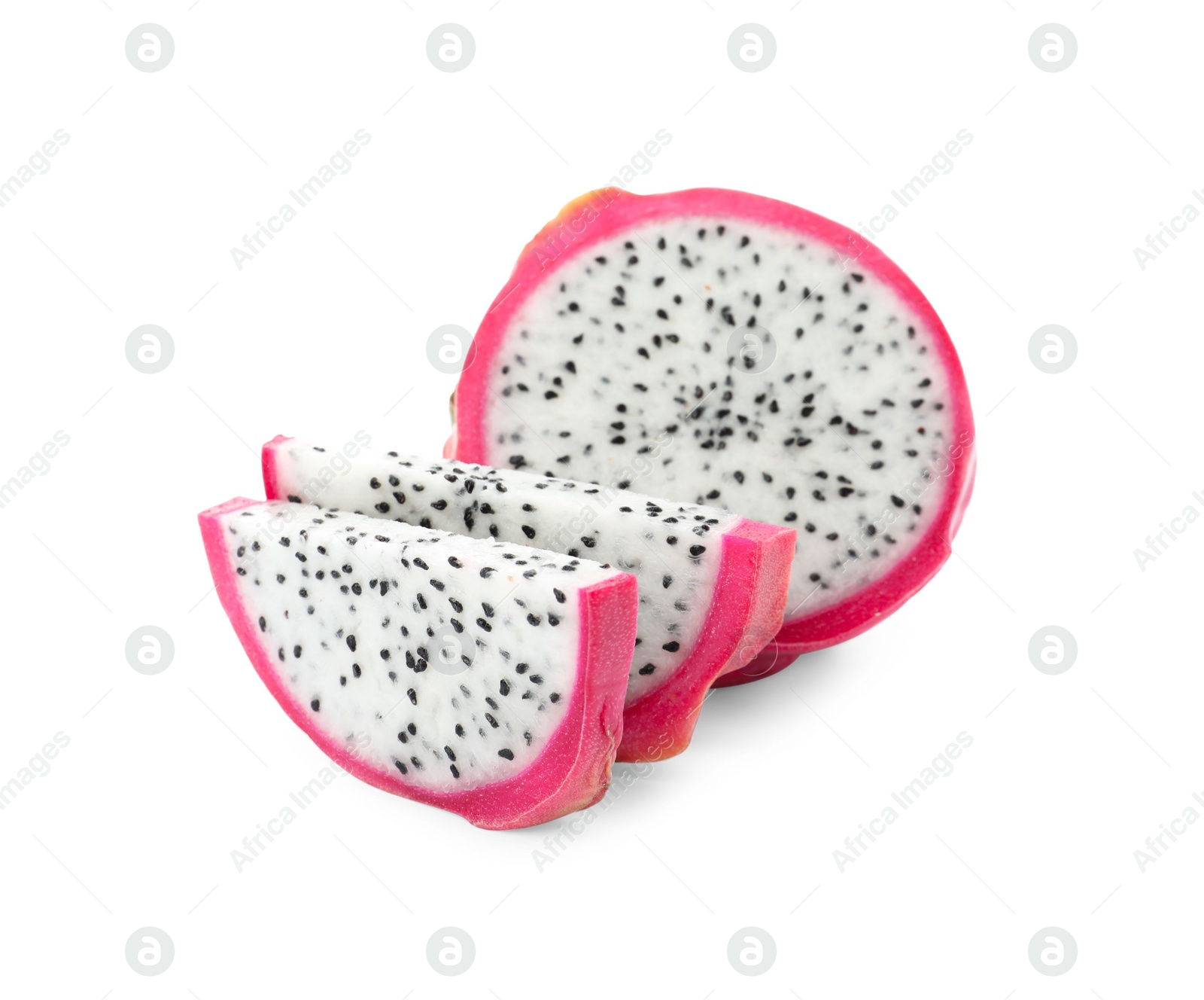 Photo of Delicious sliced dragon fruit (pitahaya) on white background