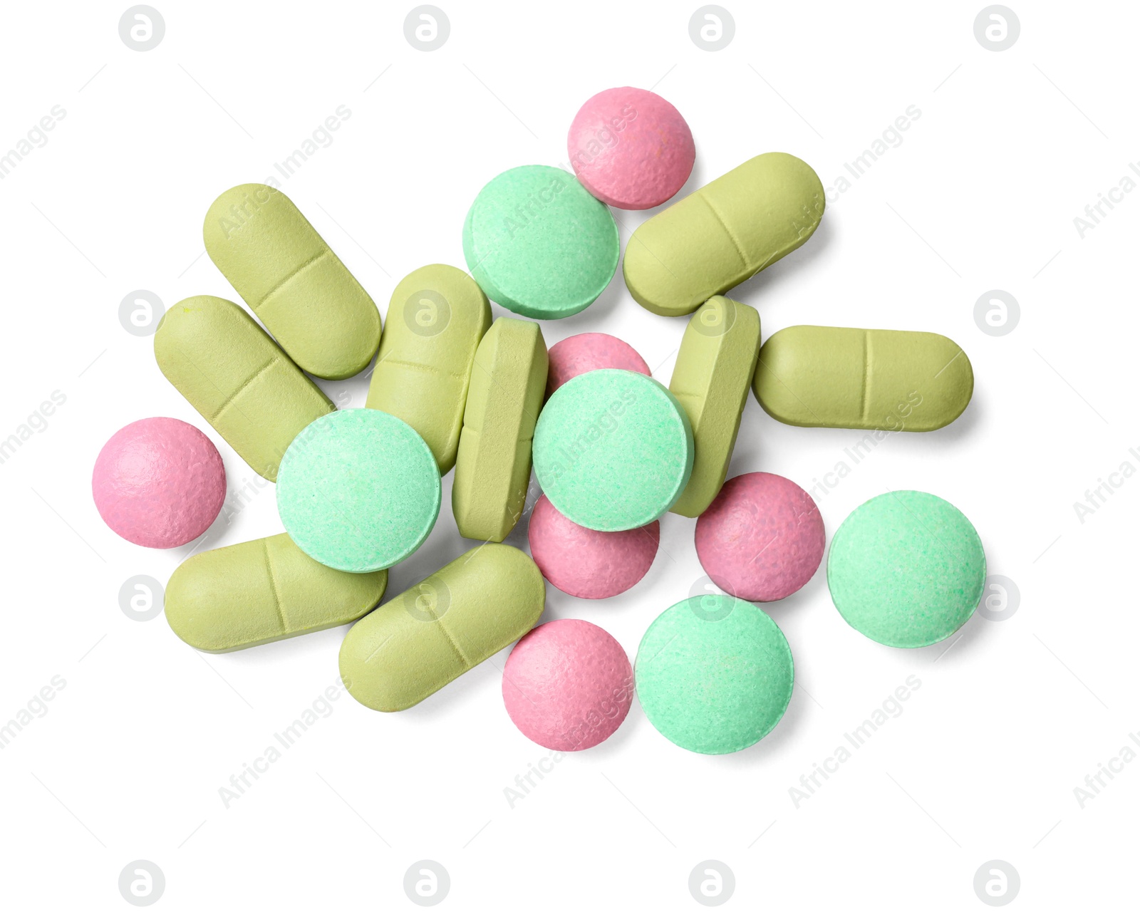 Photo of Many different vitamin pills isolated on white, top view