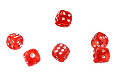 Six red dice in air on white background