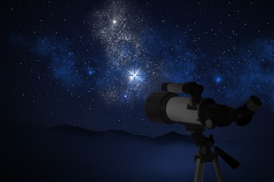 Image of Astronomy. Viewing beautiful starry sky through telescope at night