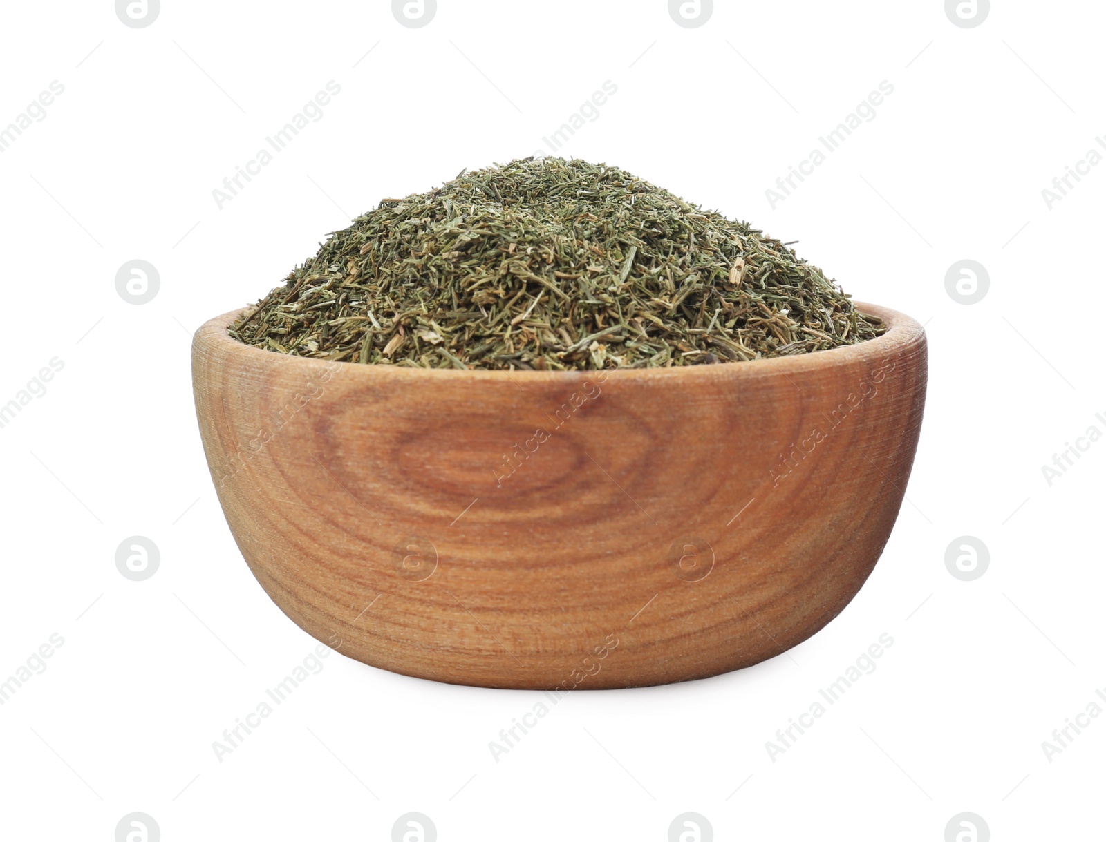 Photo of Bowl with aromatic dry dill on white background