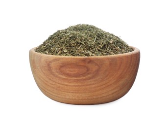 Bowl with aromatic dry dill on white background