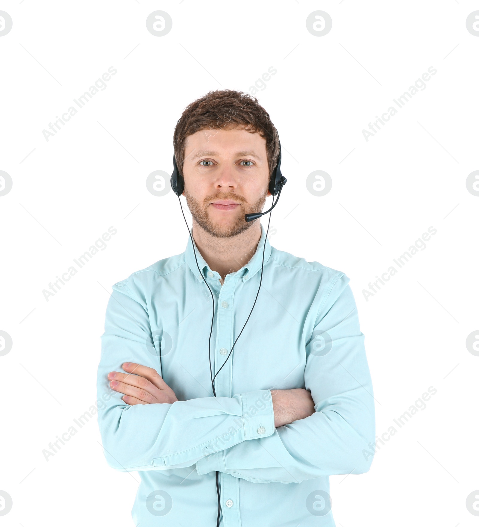 Photo of Male technical support operator with headset isolated on white