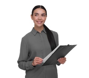 Photo of Portrait of smiling woman with clipboard on white background. Lawyer, businesswoman, accountant or manager