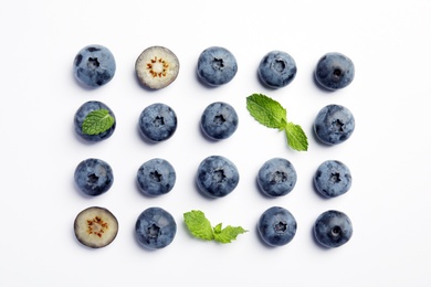 Photo of Flat lay composition with tasty blueberry on white background