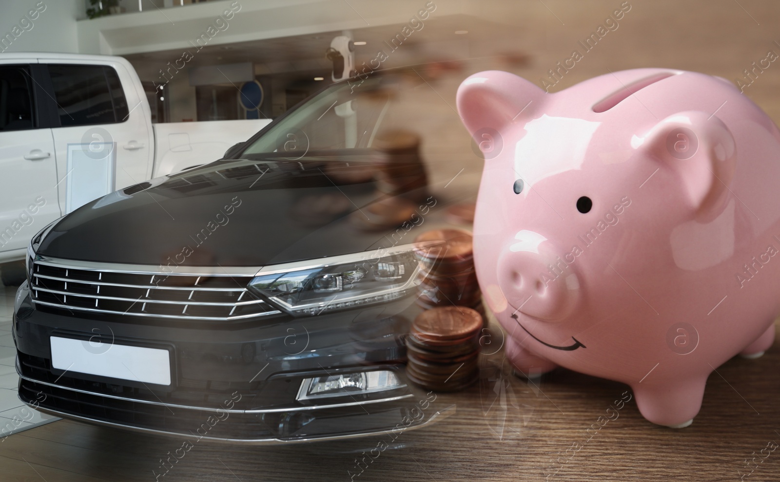 Image of Buying car. Double exposure of new auto and piggy bank with coins