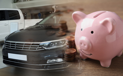 Image of Buying car. Double exposure of new auto and piggy bank with coins