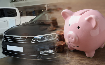 Buying car. Double exposure of new auto and piggy bank with coins