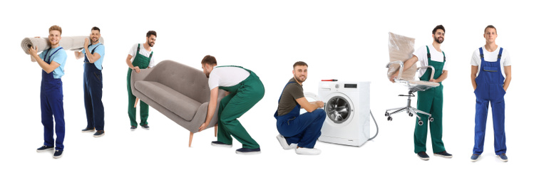 Image of Collage with photos of workers carrying furniture and appliance on white background, banner design. Moving service