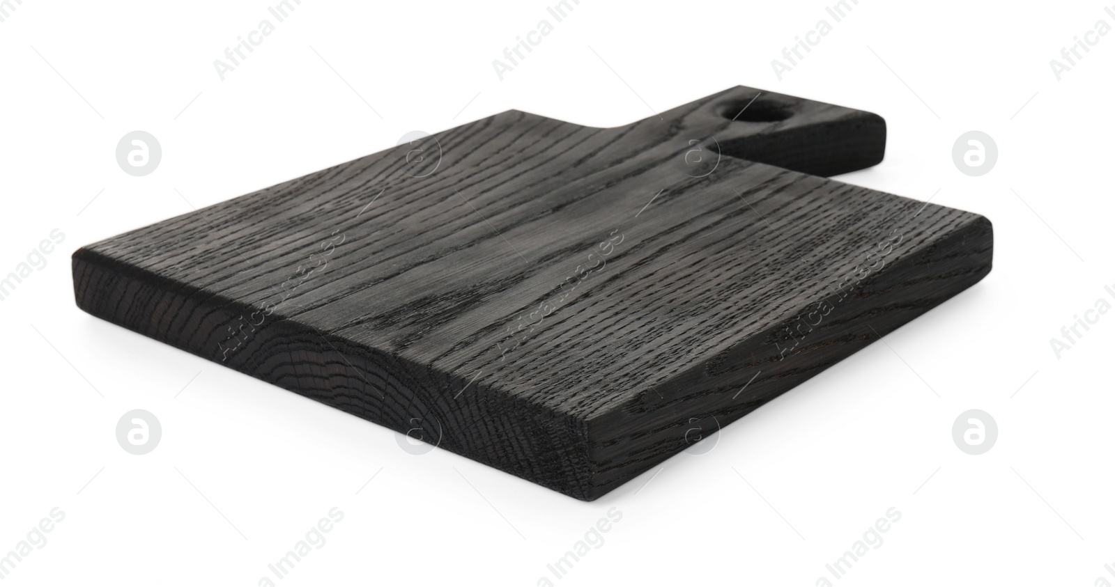 Photo of Black wooden cutting board isolated on white