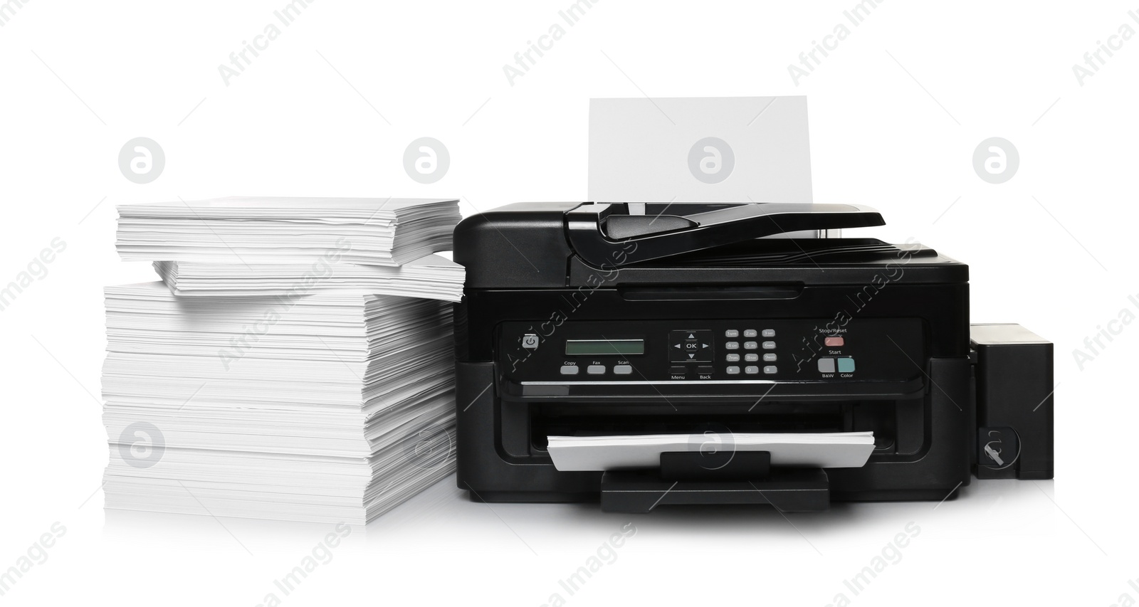 Photo of Modern printer and stack of paper on white background