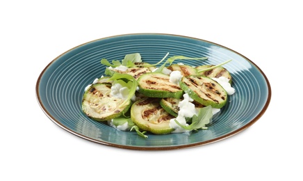 Photo of Delicious grilled zucchini slices served with cottage cheese on white background