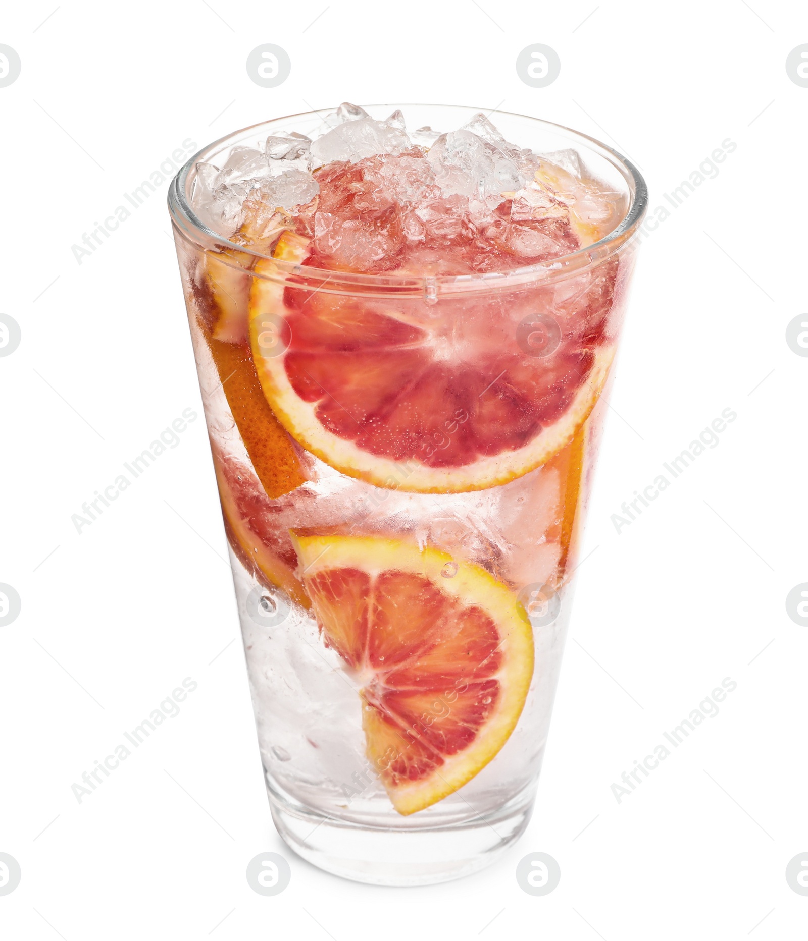 Photo of Delicious refreshing drink with sicilian orange and ice cubes in glass isolated on white