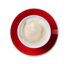 Photo of Red cup with aromatic cappuccino isolated on white, top view