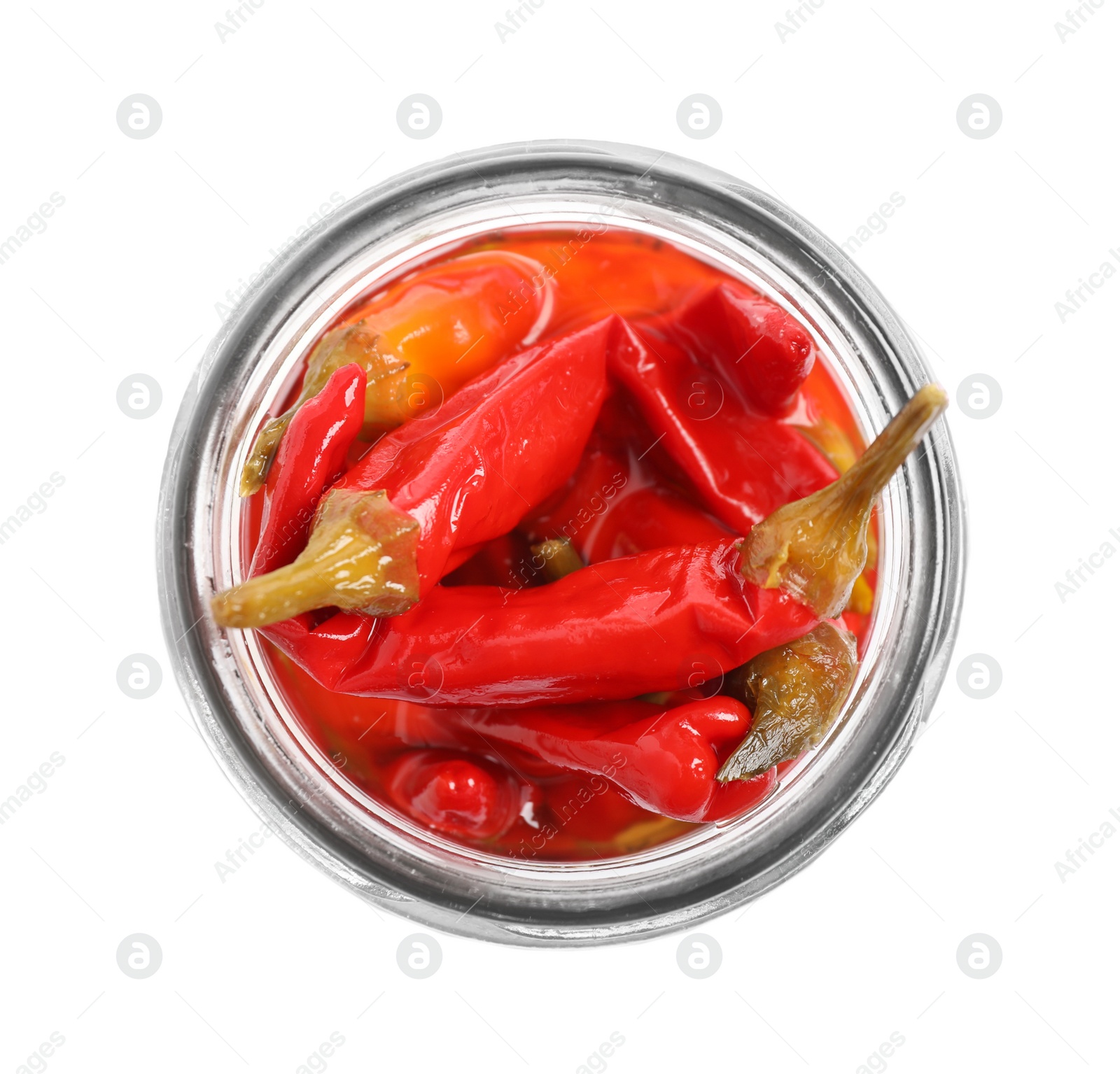 Photo of Glass jar with pickled peppers isolated on white, top view
