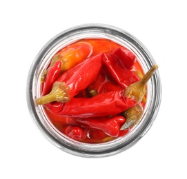 Glass jar with pickled peppers isolated on white, top view