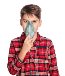 Photo of Boy using nebulizer for inhalation on white background