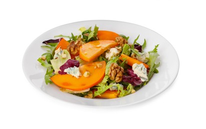 Photo of Delicious persimmon salad with arugula and cheese isolated on white