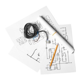 Photo of Wiring diagrams, wires and pencil isolated on white, top view