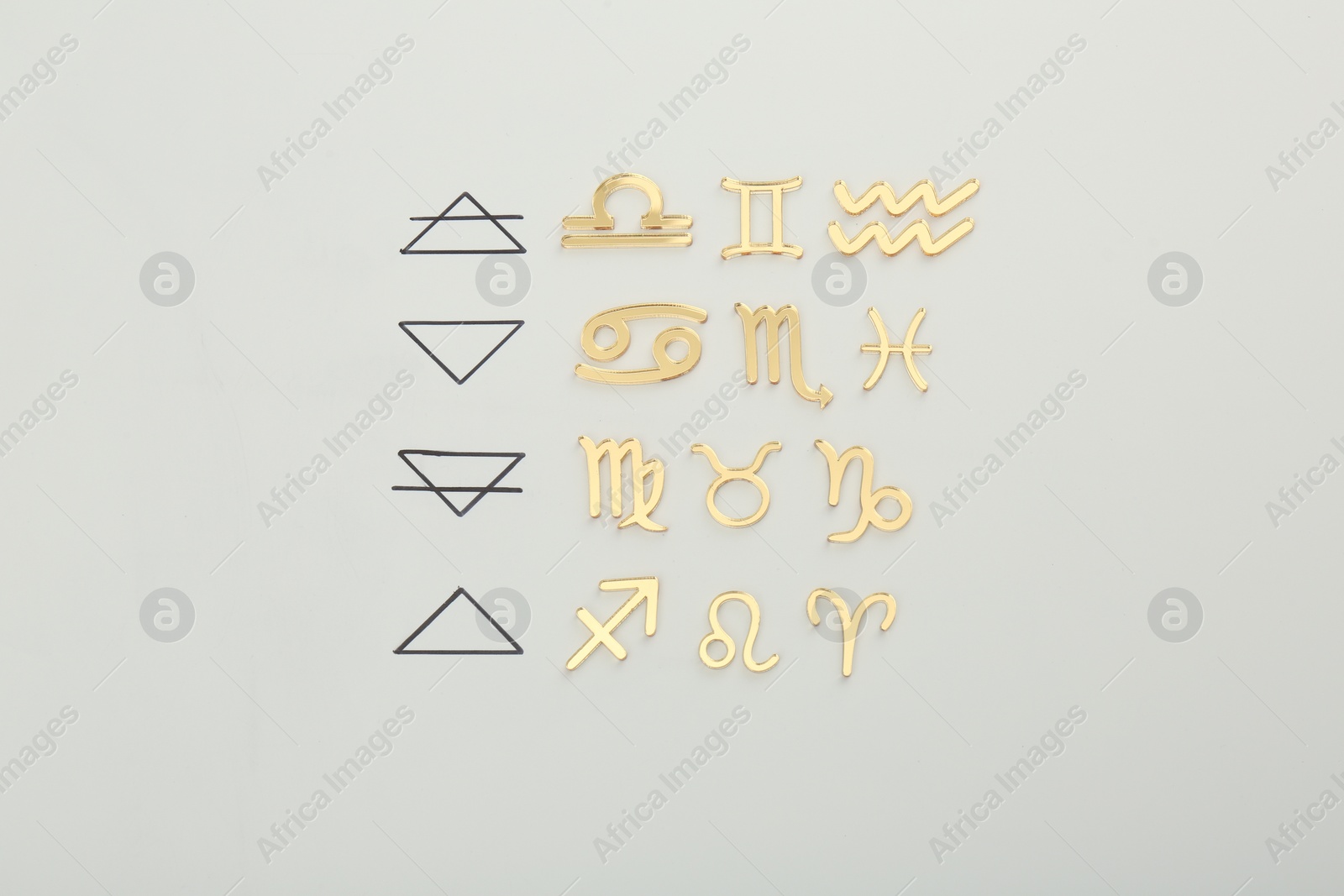 Photo of Zodiac triplicity. Four elements and corresponding signs on grey background, flat lay