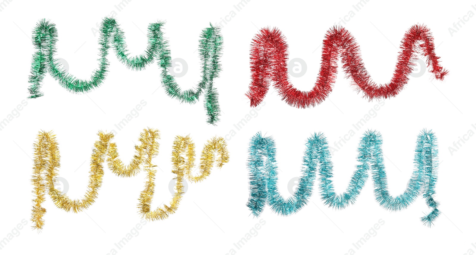 Image of Set with different shiny tinsels on white background, banner design. Christmas decoration