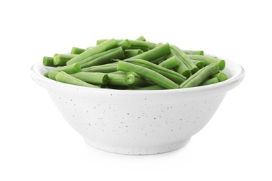 Fresh green beans in bowl isolated on white