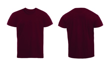 Image of Front and back views of dark red men's t-shirt on white background. Mockup for design