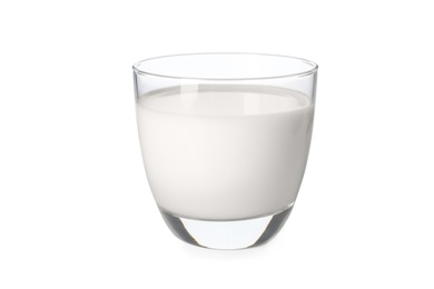 Photo of Glass of hemp milk on white background