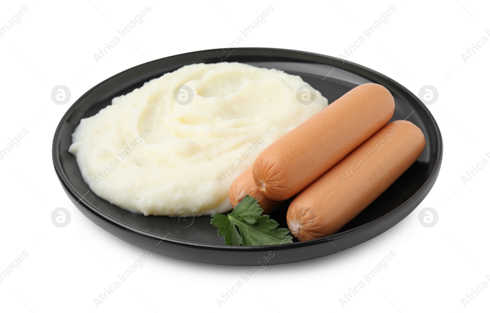 Photo of Delicious boiled sausages, mashed potato and parsley isolated on white