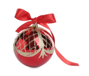 Photo of Beautiful Christmas ball with red bow isolated on white