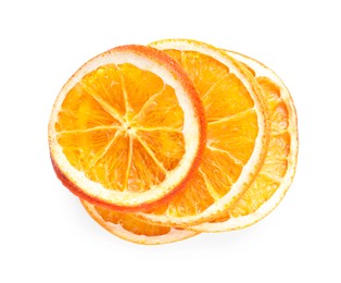 Photo of Delicious dry orange slices on white background, top view