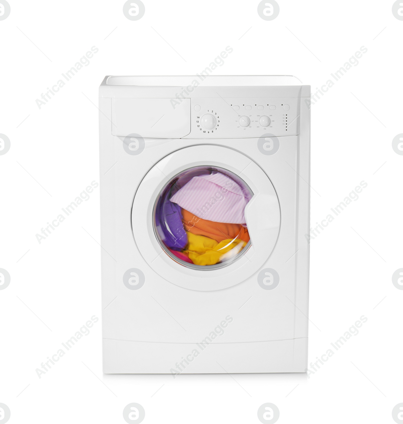 Photo of Modern washing machine with laundry isolated on white